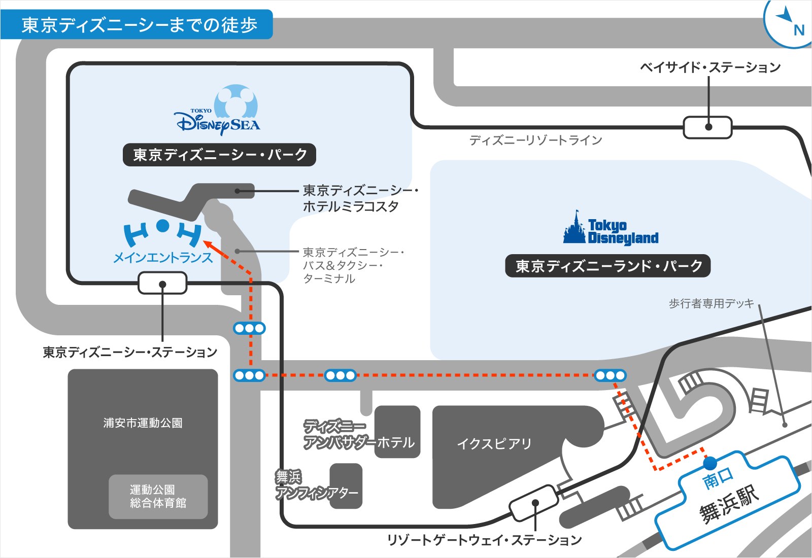 舞浜駅からディズニーシーまでの歩いて行く場合の行き方の地図